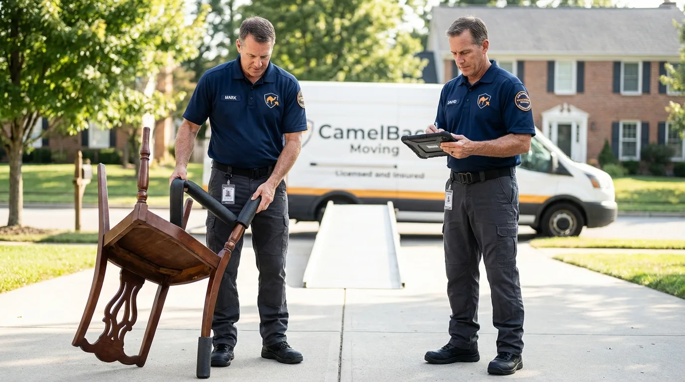 Movers inspecting furniture for damage prevention before loading in Corvallis, OR