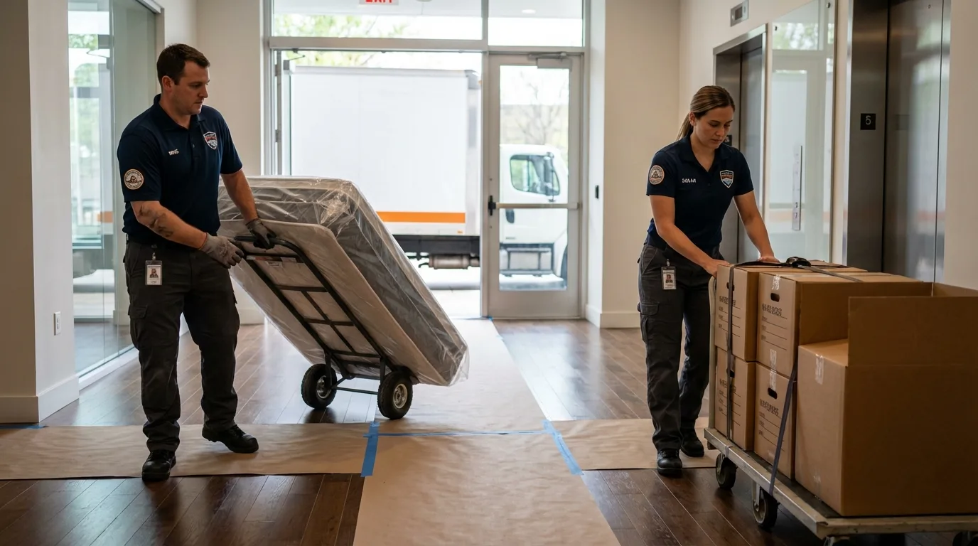 Professional apartment movers loading elevator in Corvallis, OR